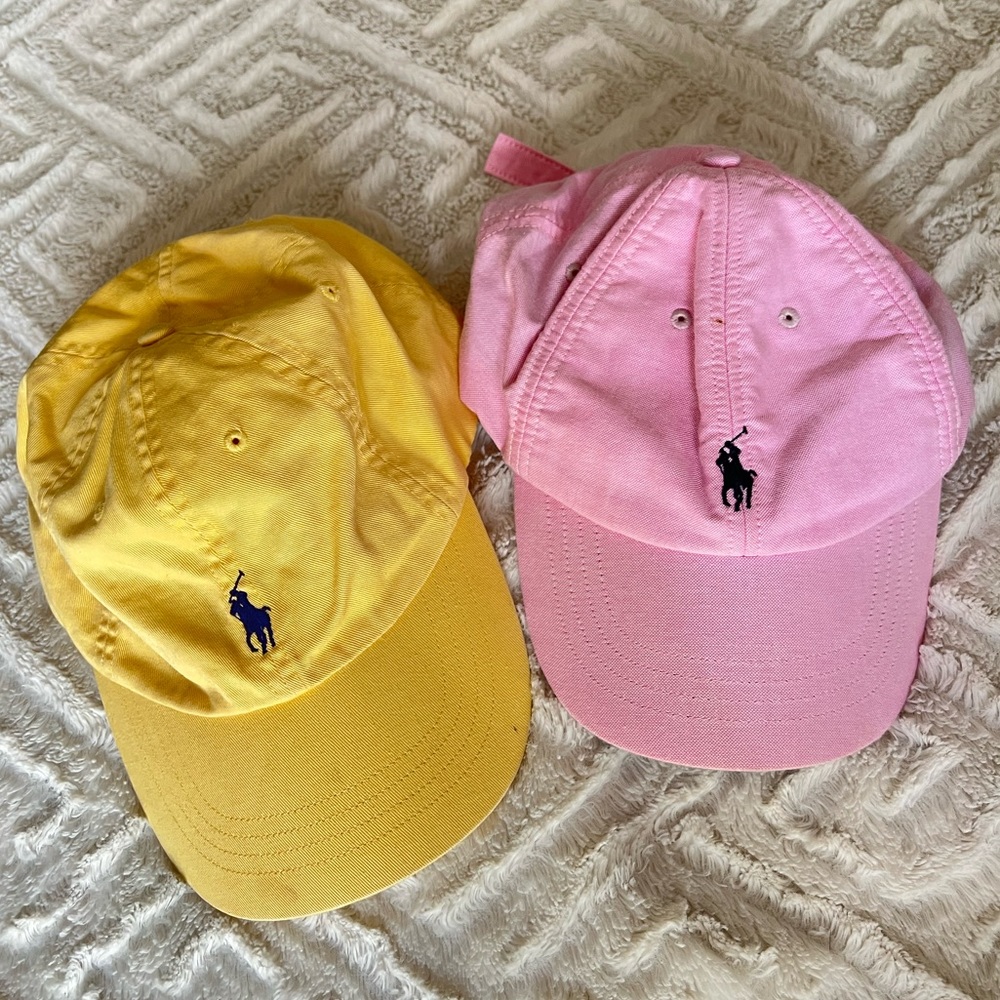 two polo hats - pink and yellow hats